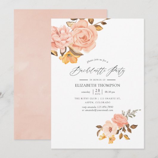 Invitation Bachelorette florale rose et or (Devant / Derrière)