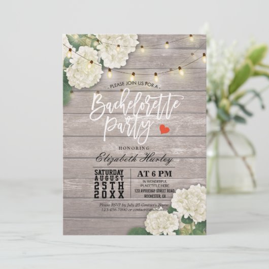 Invitation Bachelorette Flower String Lumière Bois rustique (Debout devant)
