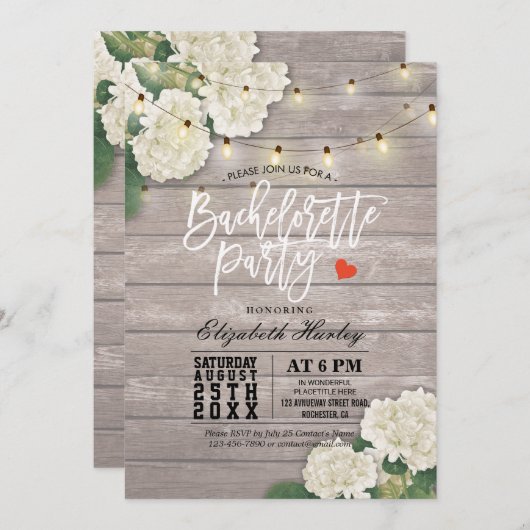 Invitation Bachelorette Flower String Lumière Bois rustique (Devant / Derrière)