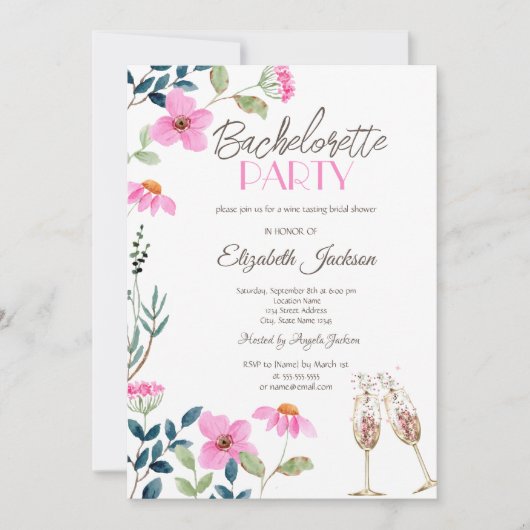 Invitation Bachelorette Garden Pink Flowers (Devant)