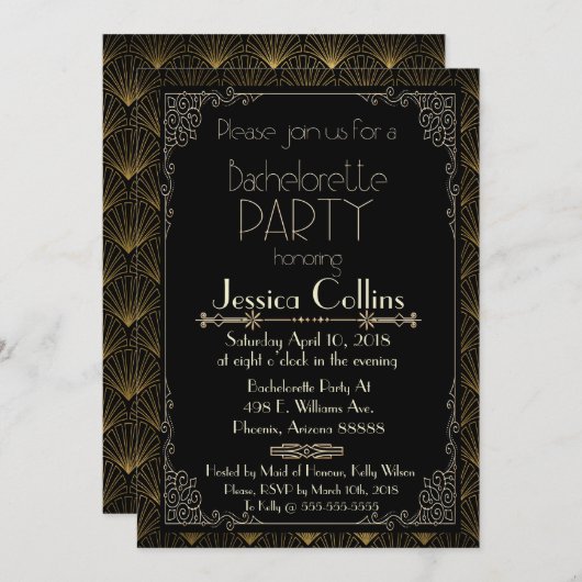 Invitation Bachelorette Gold Art Déco (Devant / Derrière)