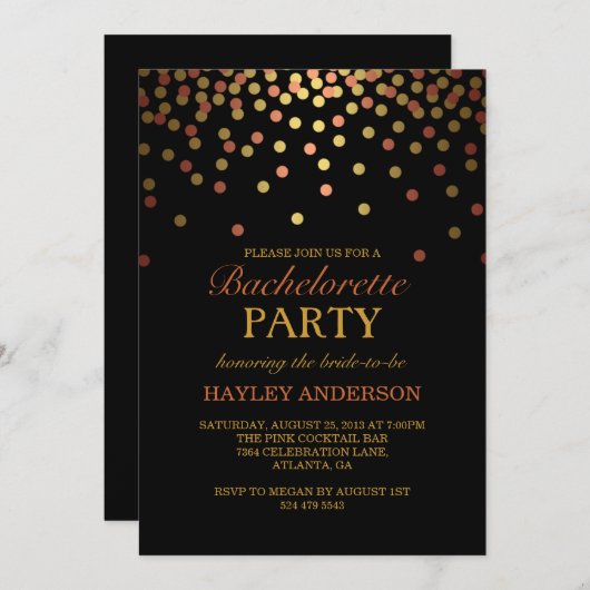 Invitation Bachelorette Gold & Copper Confetti (Devant / Derrière)