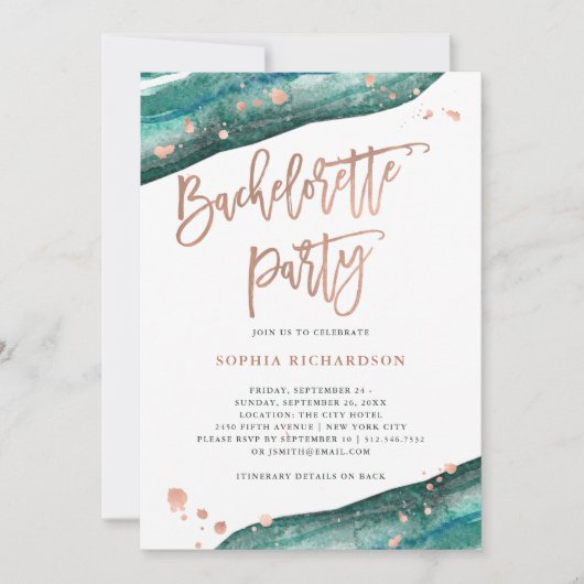 Invitation Bachelorette Gold Geode turquoise et Rose (Devant)