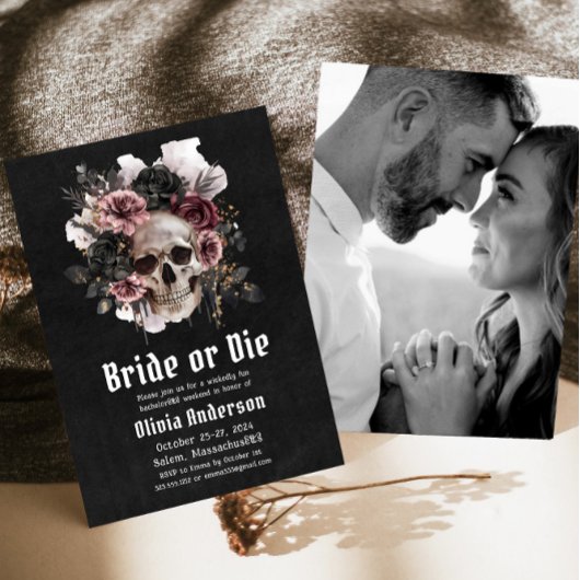 Invitation Bachelorette Halloween Mariée ou Meure Crâne Flora