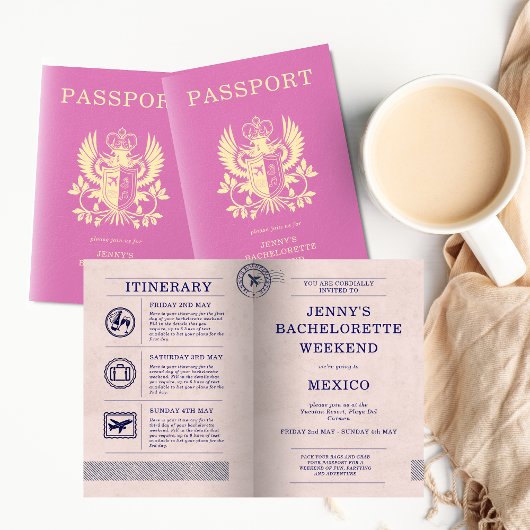 Invitation Bachelorette Hen Party Pink Passport Itinerary