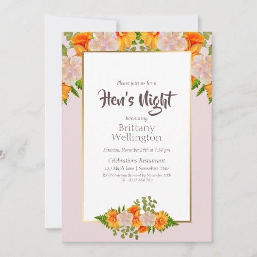 Invitation Bachelorette Hen's Night Gold Blush Pink Floral (Devant)