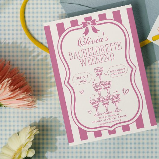 Invitation Bachelorette & Itinéraire Retro Rose Bow & Martini