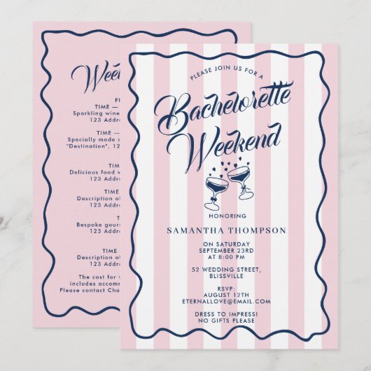 Invitation Bachelorette Itinerary Bach Weekend Cocktail Pink (Devant / Derrière)