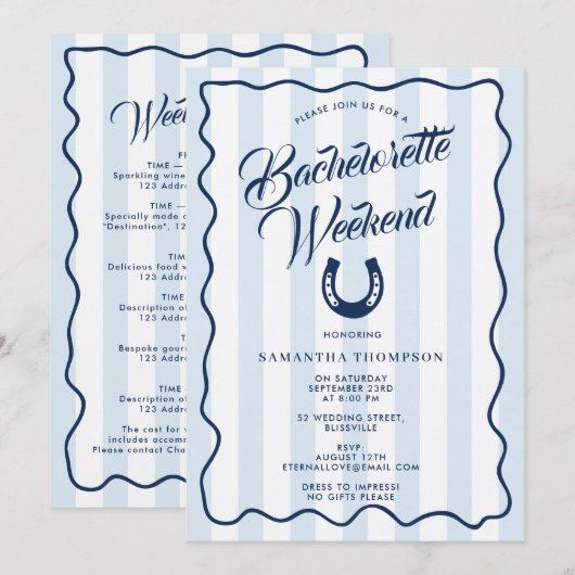 Invitation Bachelorette Itinerary Bach Weekend Horseshoe (Devant / Derrière)