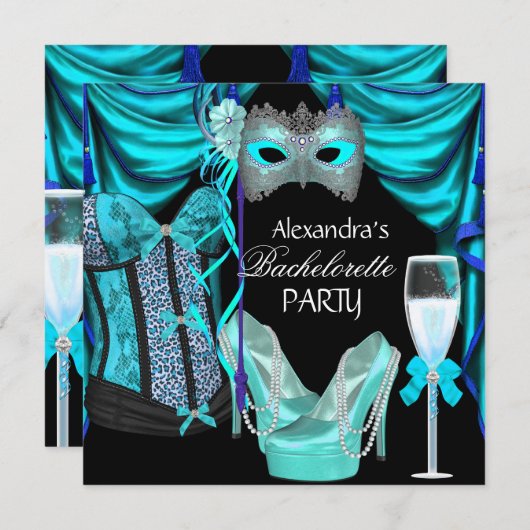 Invitation Bachelorette Leopard Blue Masquerade Champagne (Devant / Derrière)