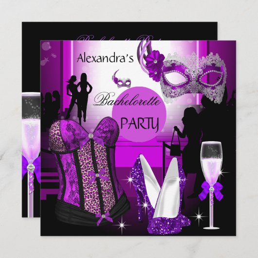 Invitation Bachelorette Leopard Champagne Corset Violet (Devant / Derrière)