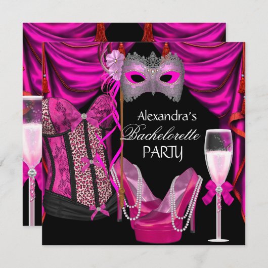 Invitation Bachelorette Leopard Rose Masquerade Champagne (Devant / Derrière)