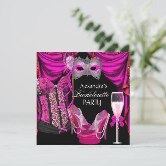 Invitation Bachelorette Leopard Rose Masquerade Champagne (Debout devant)