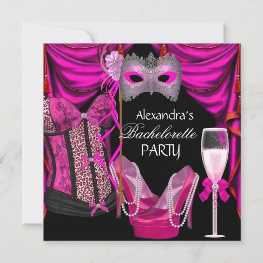 Invitation Bachelorette Leopard Rose Masquerade Champagne (Devant)