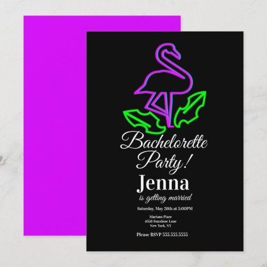 Invitation Bachelorette Neon Flamant rose Fête des mariées tr (Devant / Derrière)