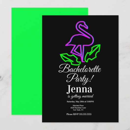 Invitation Bachelorette Neon Flamant rose Fête des mariées tr (Devant / Derrière)
