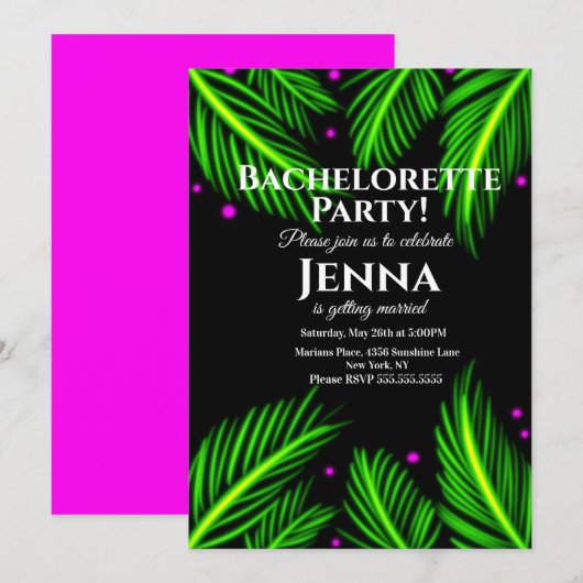 Invitation Bachelorette Neon Palm Leaf Fête des mariées tropi (Devant / Derrière)