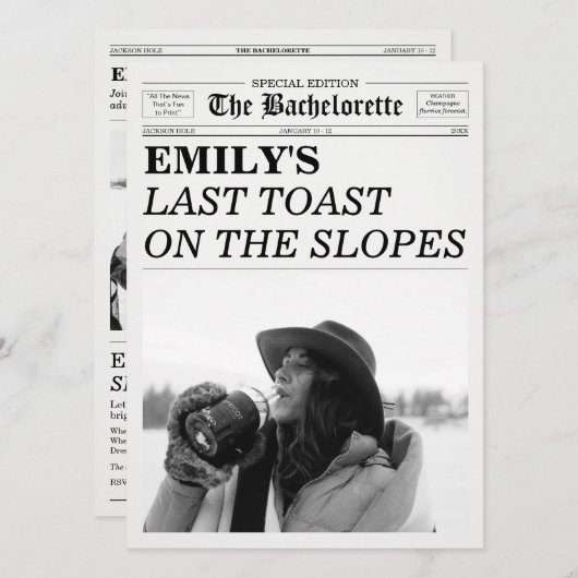 Invitation Bachelorette Newspaper Last Toast On The Slopes (Devant / Derrière)