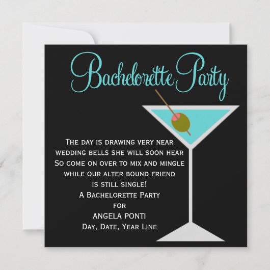 Invitation Bachelorette noire et Turquoise (Devant)