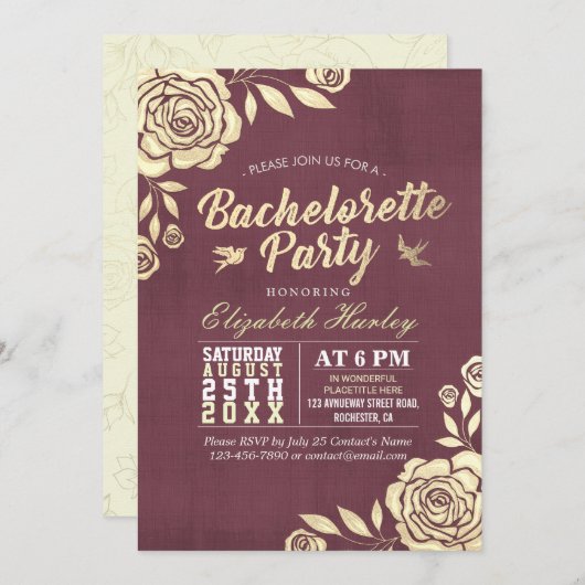 Invitation Bachelorette Parti moderne Golden Rose Bourgogne R (Devant / Derrière)