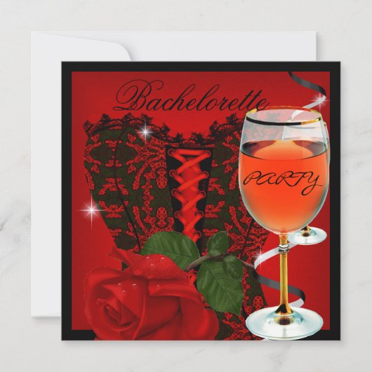 Invitation Bachelorette Parti Rose Rouge Corset Black Vin (Devant)
