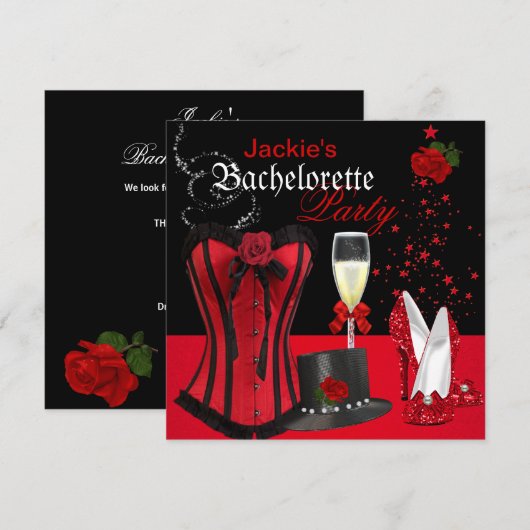 Invitation Bachelorette Parti Rouge Noir Corset Tophat (Devant / Derrière)