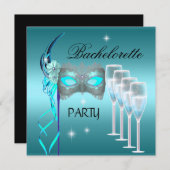 Invitation Bachelorette Partie Turquoise Masque Bleu Champagn (Devant / Derrière)