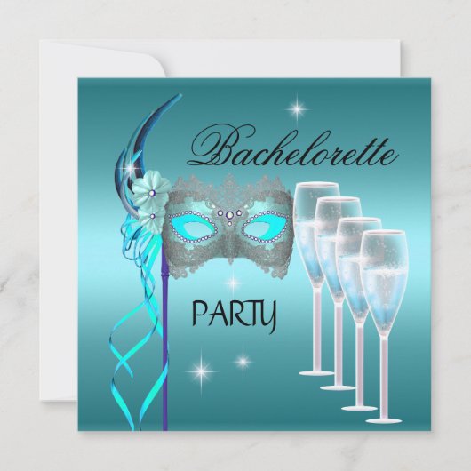 Invitation Bachelorette Partie Turquoise Masque Bleu Champagn (Devant)