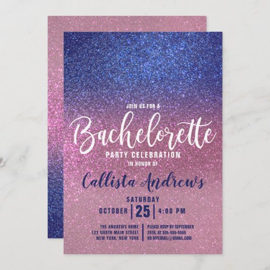 Invitation Bachelorette Parties scintillant triple bleu rose  (Devant / Derrière)
