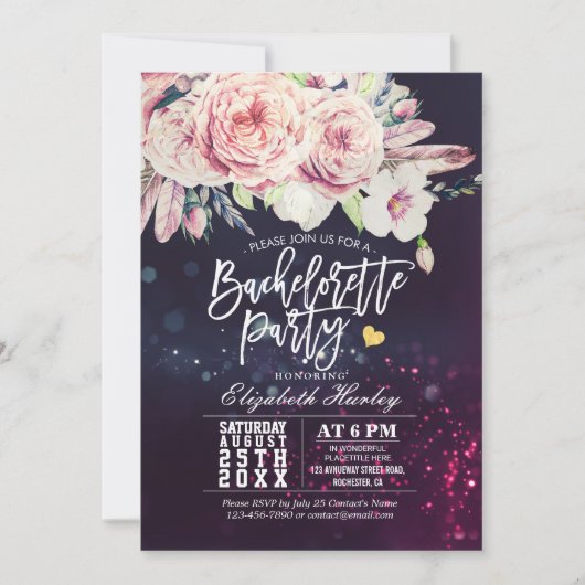 Invitation Bachelorette Party Aquarelle Boho Floral Feather (Devant)
