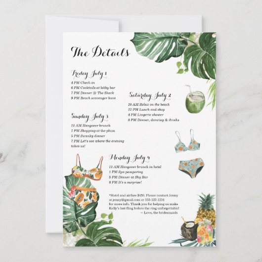 Invitation Bachelorette Party Beach Week-end 4 Jour Itinérair (Dos)