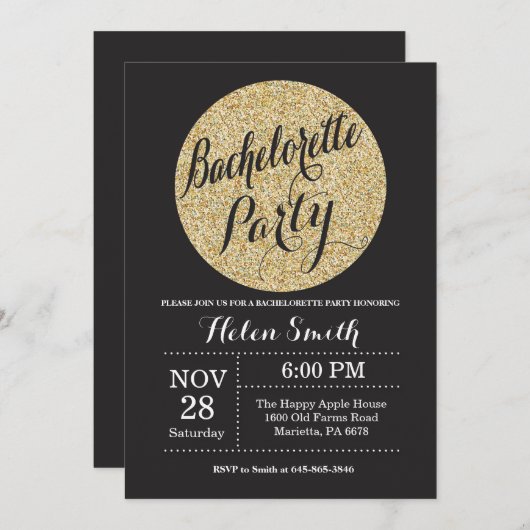 Invitation Bachelorette Party Black Gold Parties scintillant  (Devant / Derrière)