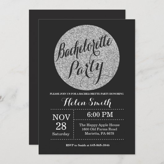 Invitation Bachelorette Party Black Silver Parties scintillan (Devant / Derrière)