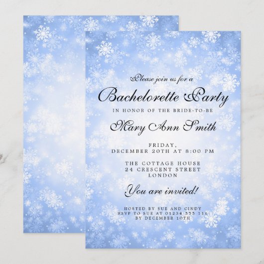 Invitation Bachelorette Party Blue Winter Wonderland (Devant / Derrière)