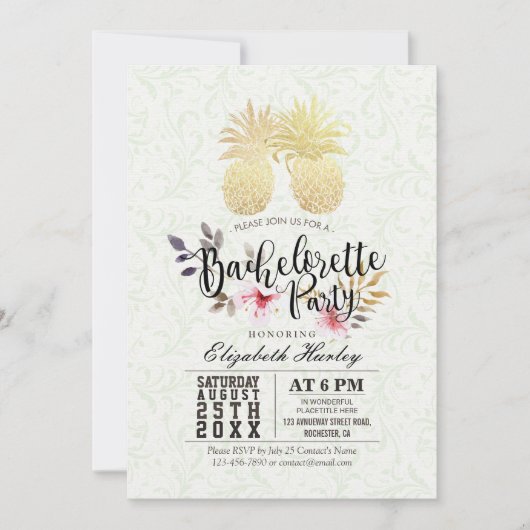 Invitation Bachelorette Party Chic Gold Foil Ananas Couple (Devant)