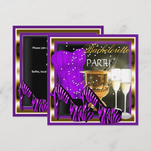 Invitation Bachelorette Party Corset Purple Zebra Gold (Devant / Derrière)