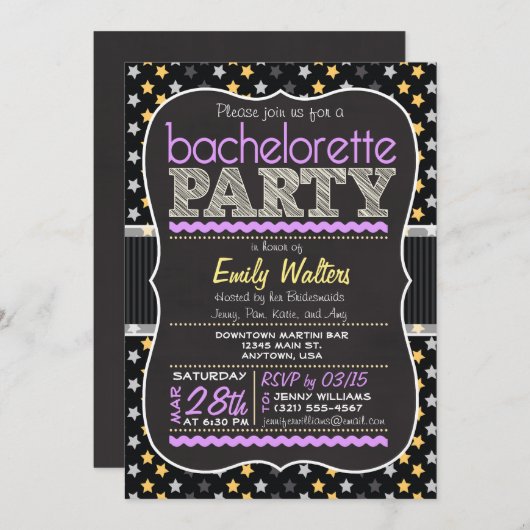 Invitation Bachelorette Party des étoiles violettes et jaunes (Devant / Derrière)