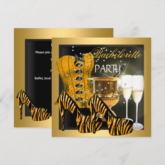Invitation Bachelorette Party Gold Black Corset Zebra Chaussu (Devant / Derrière)