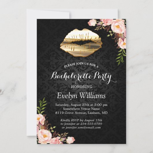 Invitation Bachelorette Party Gold Lips Damask Blush Floral (Devant)