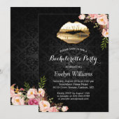 Invitation Bachelorette Party Gold Lips Damask Blush Floral (Devant / Derrière)