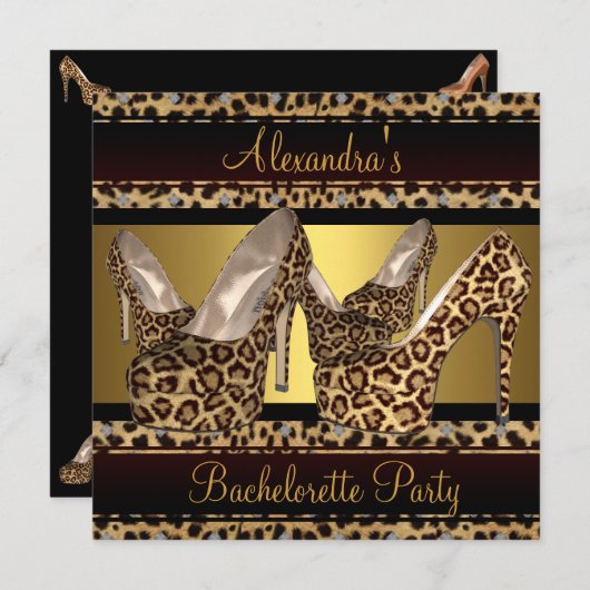 Invitation Bachelorette Party Hi Heel Chaussures Leopard Gold (Devant / Derrière)