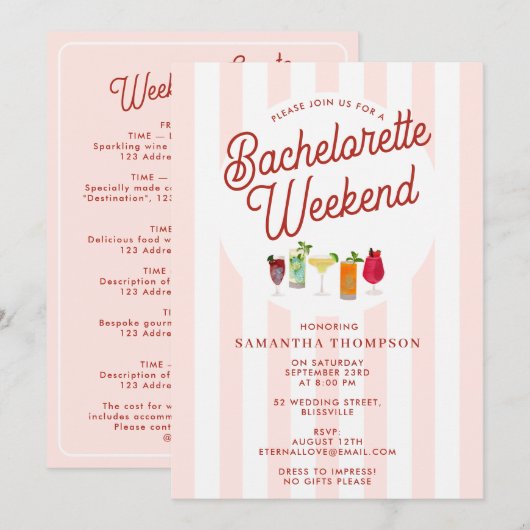 Invitation Bachelorette Party Itinerary Bach Weekend Retro (Devant / Derrière)