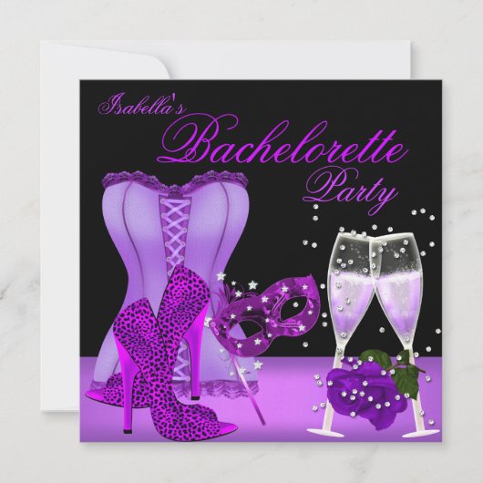 Invitation Bachelorette Party Masque violet Leopard Heel Cors (Devant)