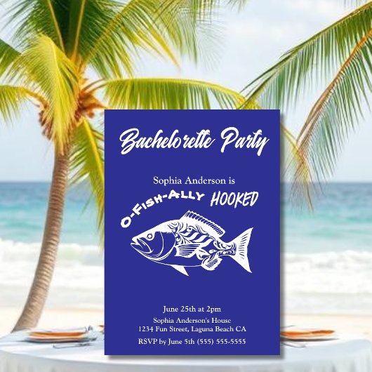 Invitation Bachelorette Party "O-fish-ally Hooked" Bleu