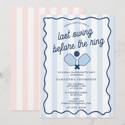 Invitation Bachelorette Party Pickleball Bach Retro Stripes (Devant / Derrière)