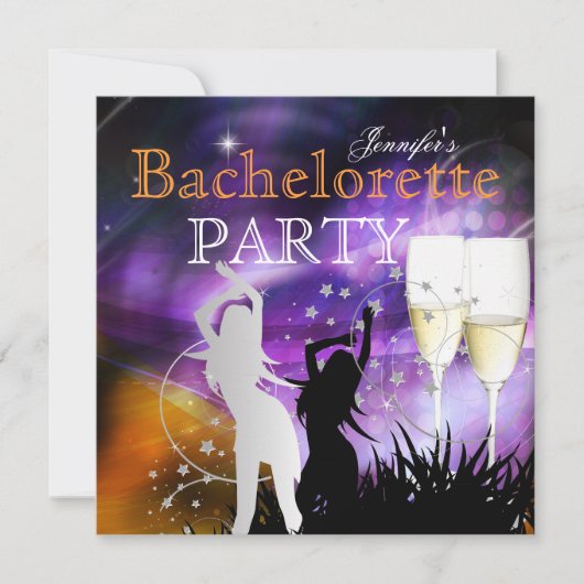 Invitation Bachelorette Party Purple Champagne Danse (Devant)