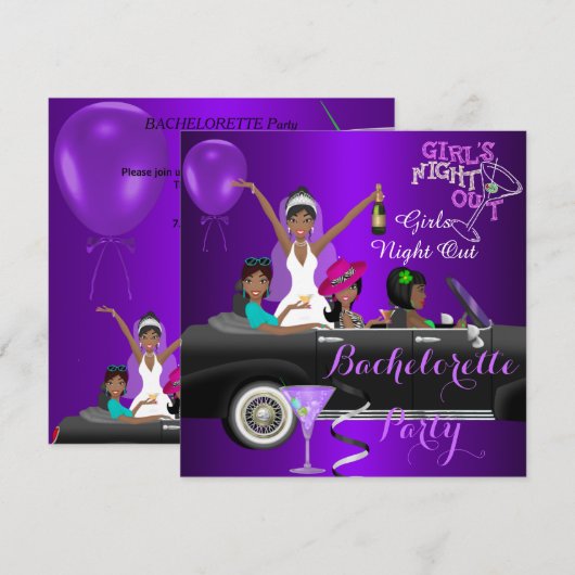 Invitation Bachelorette Party Purple Fun Limo Car Cocktail 3 (Devant / Derrière)