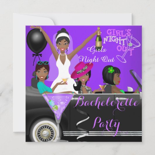 Invitation Bachelorette Party Purple Fun Limo Car Cocktails (Devant)