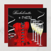Invitation Bachelorette Party Red Corset Black Champagne (Devant / Derrière)