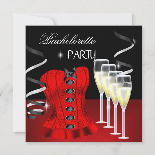 Invitation Bachelorette Party Red Corset Black Champagne (Devant)